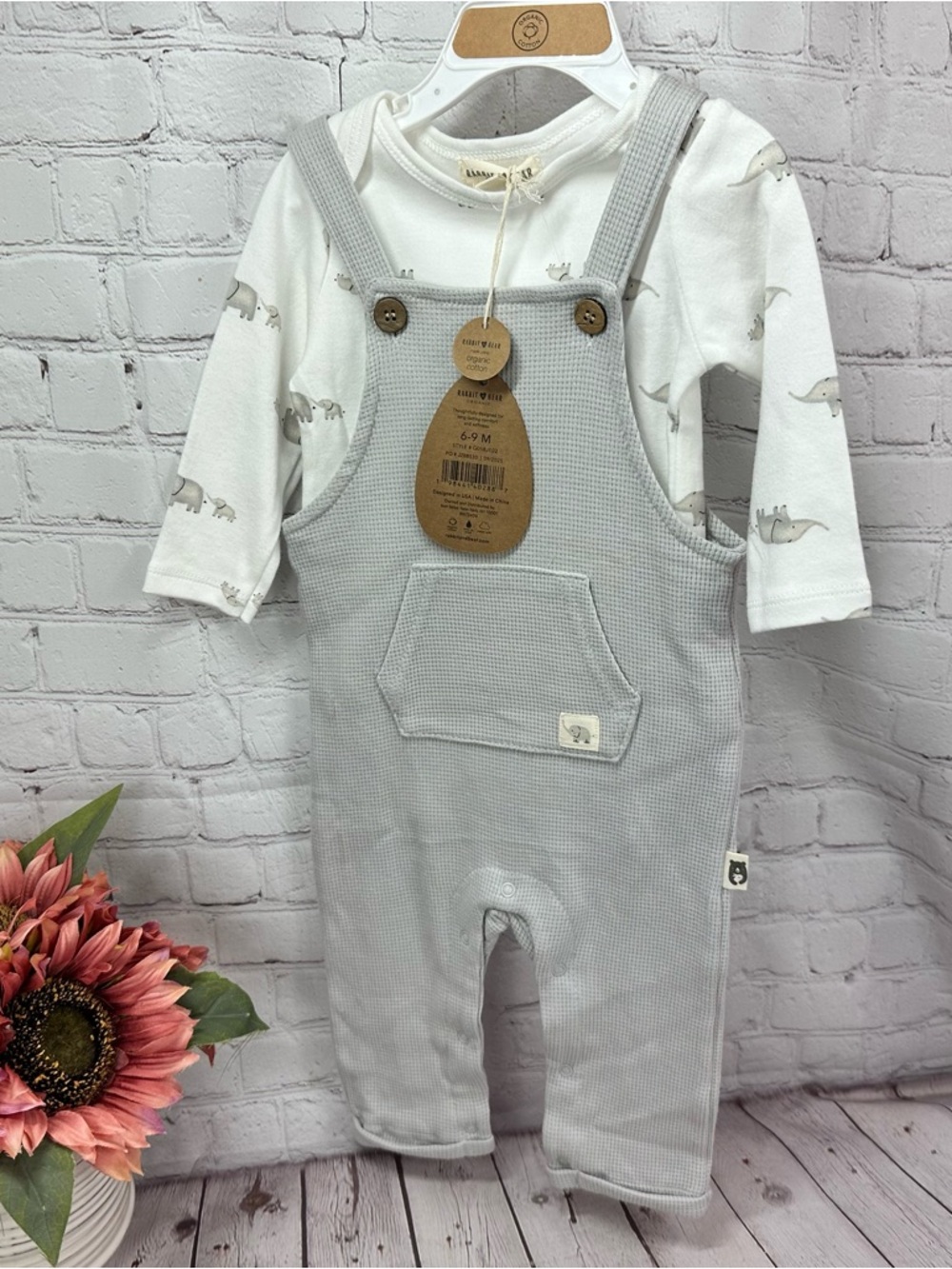 NWT Rabbit + Bear Waffle-Knit Overalls elephant one-piece Set infant 6-9M